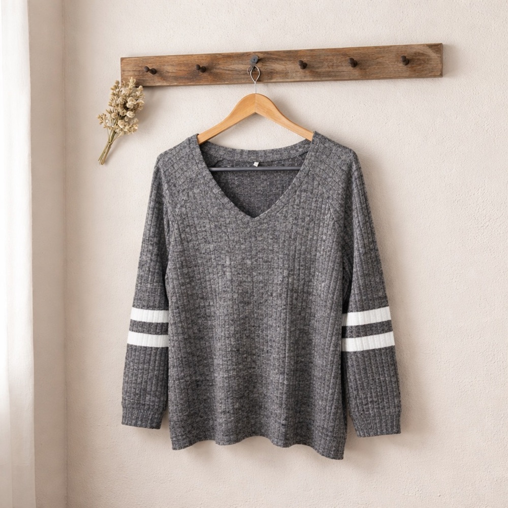Women’s V-Neck Long Sleeve Sweater with White Stripes Gray Size L